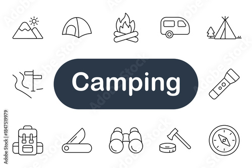 Camping set icon. Tent, campfire, mountain, trailer, flashlight, backpack, compass, knife, binoculars, axe, map, forest, nature, travel, hiking, outdoor, adventure, tourism, rest, exploration.