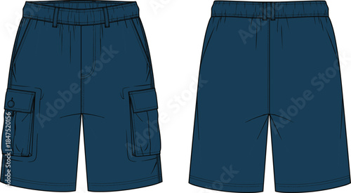 Dark blue cargo shorts, technical drawing, fashion design, garment template, front and back view, elastic waistband, belt loops, pockets, buttons