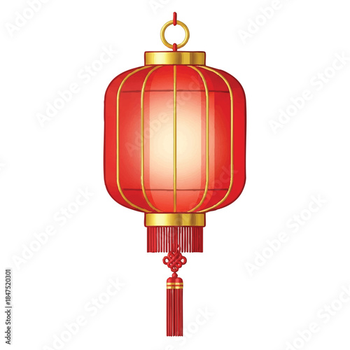 Digital illustration of a traditional red Chinese lantern with gold accents and tassel hanging from a loop on a white background.