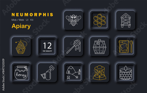 Apiary set icon. Displays beehive, bee, hexagons, honey dipper, honey jar, smoker, toast, mountain, beekeeper, barrel, wax candle, number badge