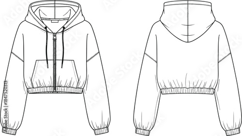 Cropped hoodie front and back view, zipper closure, drawstring hood, kangaroo pocket, fashion apparel, casual wear, garment design, mockup