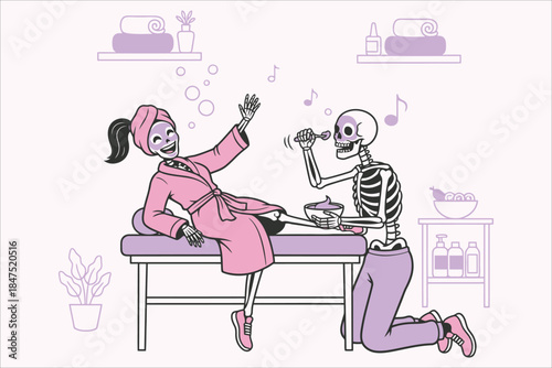 Skeleton Spa Day Funny Couple Relaxing with Face Masks Vector