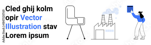 Environmental sustainability, industrial processes, modern technology, office furniture, data management, workplace solutions. Chair, factory and person using tech. Sustainability and industrial