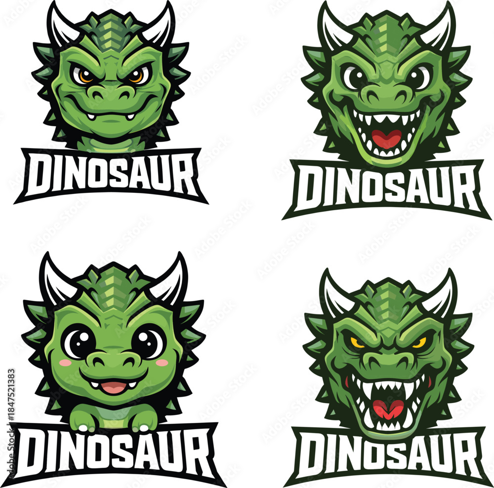 Fototapeta premium Cute and Fierce Green Dinosaur Mascot Logo Set – Cartoon T-Rex Character for Gaming, Esports and Branding