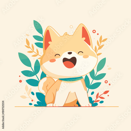 Adorable Happy Shiba Inu Puppy with Open Mouth and Green Leaves.