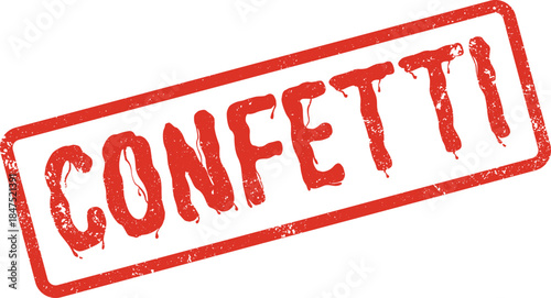Distressed red rubber stamp displaying the word Confetti in a rectangular frame