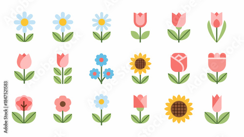 A charming collection of minimalist flat design flower icons, conceptualizing diverse blossoms like sunflowers, tulips, and daisies, ideal for digital art, web design, and spring projects