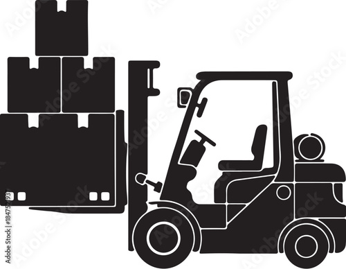Black silhouette of a forklift truck lifting a stack of cardboard boxes in a warehouse or industrial setting also transparent background