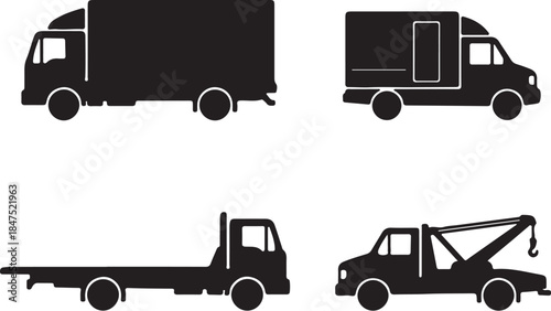 Collection of black silhouette representing different types of trucks including a box truck, delivery van, flatbed truck, and tow truck also transparent background