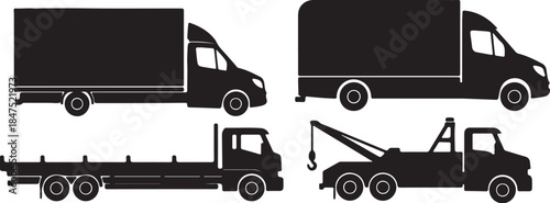 Collection of black silhouette truck including a box truck flatbed truck and tow truck for transportation and logistics concepts also transparent background