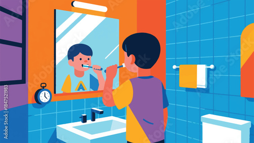 Illustration Of Child With Autism Is Calmly Brushing Their Teeth In Front Of A Mirror Vector Design Template