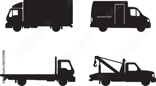 Collection of truck silhouettes including a box truck van flatbed and tow truck representing transport and logistics also transparent background