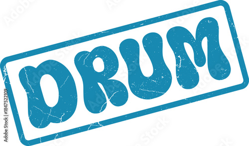 Playful blue drum word stamp featuring a groovy retro distressed textured finish