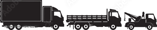 Silhouettes of three different types of trucks including a box truck a flatbed truck and a tow truck displayed in a row against a white background also transparent background