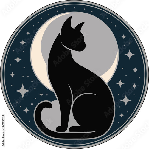 Vector Black cat silhouette on crescent moon with stars