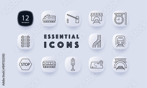 Train transport set icon. Locomotive, rail tracks, bridge, tunnel, barrier, stop sign, signal, timetable, map pointer, tram, curved rail illustrated in transit style.