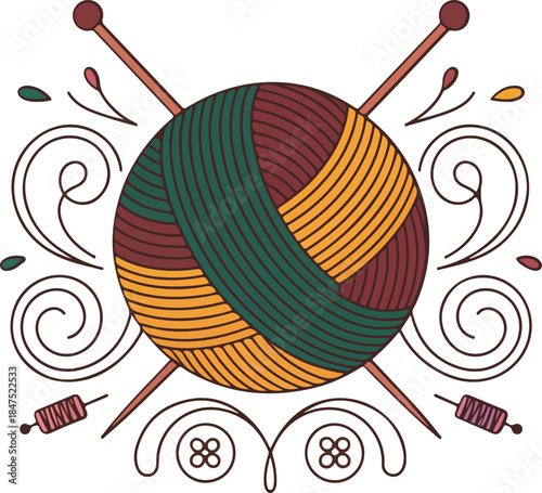 Yarn ball with knitting needles and decorative swirls vector