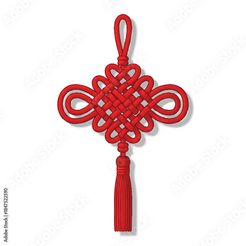 Red Chinese knot ornament with tassel on a white background, showcasing intricate design and cultural symbol.