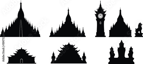 Southeast Asian architecture silhouettes, temple pagoda icons, cultural landmarks, traditional monuments, heritage structures, travel design elements, vector illustration set