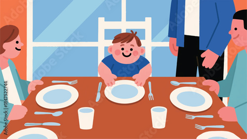 Illustration Of Child Happily Placing Plates And Cutlery On A Dining Table For A Family Meal Vector Design Template