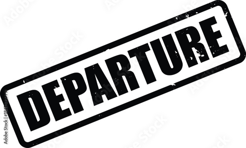 A bold black rectangular stamp with DEPARTURE text stands isolated on a pristine white backdrop