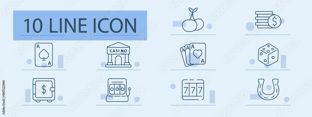 Naklejka premium Casino set icon. Cards, chips, dice, fruit, slot, jackpot, safe, money, building, gambling, luck, game, win, betting, entertainment, spin, jackpot, finance, play, fortune