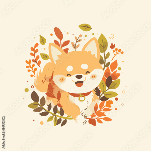 Adorable Shiba Inu Dog Surrounded by Autumn Leaves Illustration.