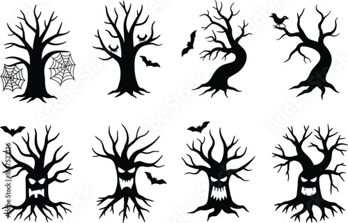Spooky twisted Halloween tree silhouettes with bats, spider webs, haunted faces, eerie branches, scary forest illustration for horror, fantasy themes