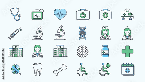 A comprehensive set of medical and healthcare line icons, featuring various symbols like stethoscope, heart, microscope, ambulance, and hospital.