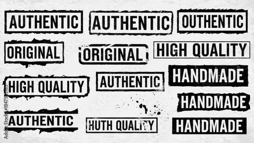 Black authentic original high quality handmade stamps on white background for product label verification