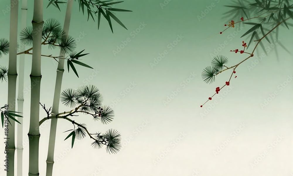 Obraz premium 和風の竹と松の枝が描かれた緑の背景