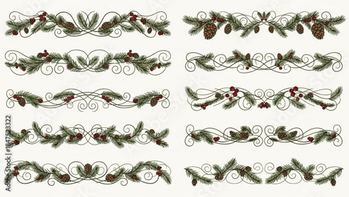 Christmas decorative borders with pine branches, pinecones, and red berries on white background, elegant holiday design elements