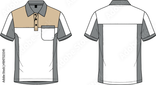 Sporty Color-Block Polo Shirt Technical Fashion Flat Sketch, Short Sleeve Collared Piqué Fabric Tee with Chest Pocket, Front Back View Apparel Template, Athletic Golf Uniform Vector Mockup
