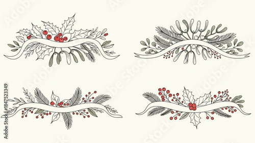 Vintage christmas garlands with ribbons, holly, mistletoe, berries, and leaves, festive holiday decorations, seasonal illustrations