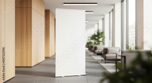 Roll-up standee banner mockup in modern office hall. Blank white template for presentation or promotion. Commercial design, exhibition space