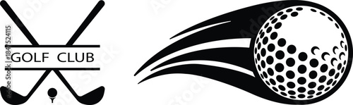 Black Golf Flat Style Vector Icon Set, Sports Equipment Symbol Collection and Recreation Outline Graphic Group Featuring Club, Ball, Tee and Course Elements