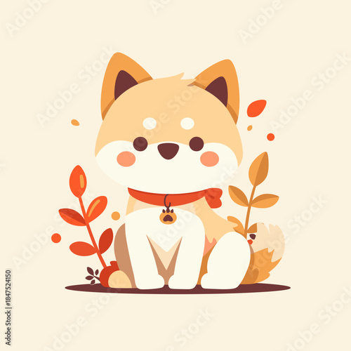 Adorable Shiba Inu Puppy Sitting Amongst Autumn Leaves.