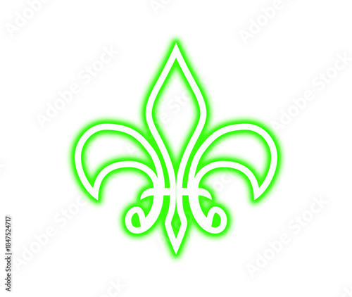 Neon green and white stylized fleur de lis symbol glowing brightly against a stark on transparent background