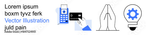 Digital transactions, innovation, business solutions, creative thinking, contactless payments, technology trends. A credit card reader, hands in prayer and a gear inside a light bulb. Digital
