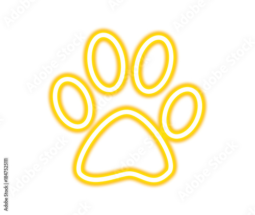 Bright yellow neon paw print glowing against a symbolizing pet love and animal care services on transparent background