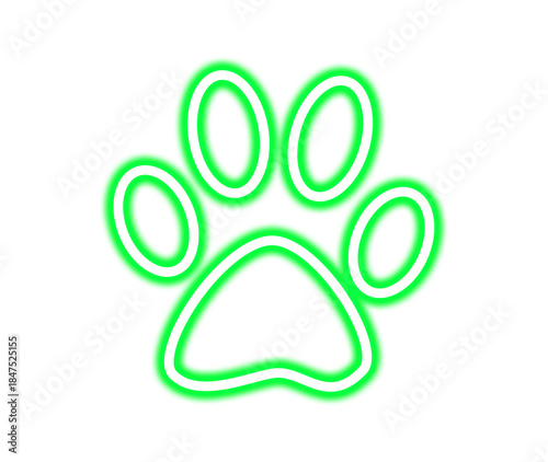 Bright green neon paw print glowing against a symbolizing pet love and animal care on transparent background