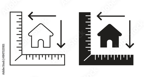 Real Estate Home Dimension Icon Set with Ruler and Scale Arrows