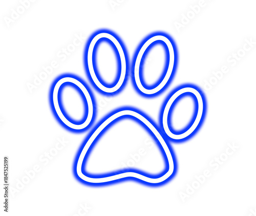 Bright blue neon paw print sign glowing against a symbolizing pet love and animal care on transparent background