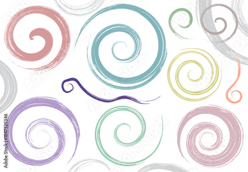 手書き筆タッチの和風ぐるぐるうずまき素材セット/くすみカラー