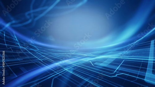 Futuristic technological background with glowing data lines and dynamic blue waves