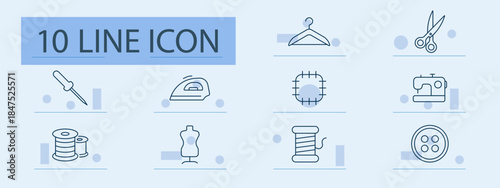 Sewing set icon. Needle, iron, hanger, scissors, patch, machine, spool, mannequin, thread, button. Tailor, textile, design, stitching, craft, style, fabric, clothes, garment, tool.