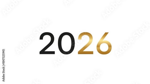 Golden year number twenty twenty six on white background with black and gold gradient