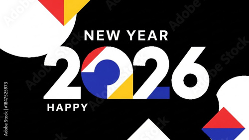 Happy new year 2026 colorful modern typographic design with geometric shapes on black background