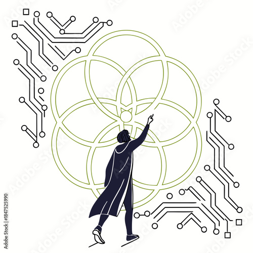 Glowing circuit trails forming magical symbol with wizard