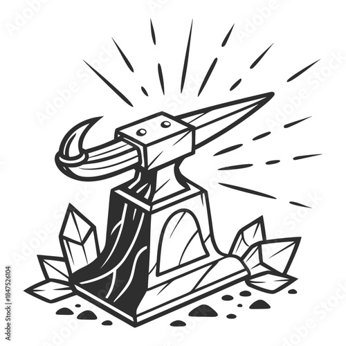 Blacksmith anvil with crystals on white background